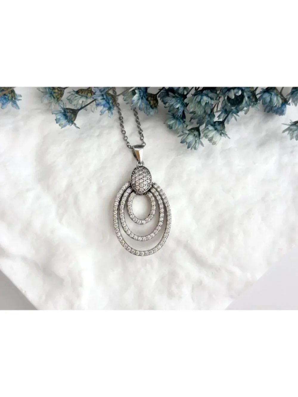 Triple Oval Sterling Silver Pave Bridal 925 Vintage Pendant Necklace - 18